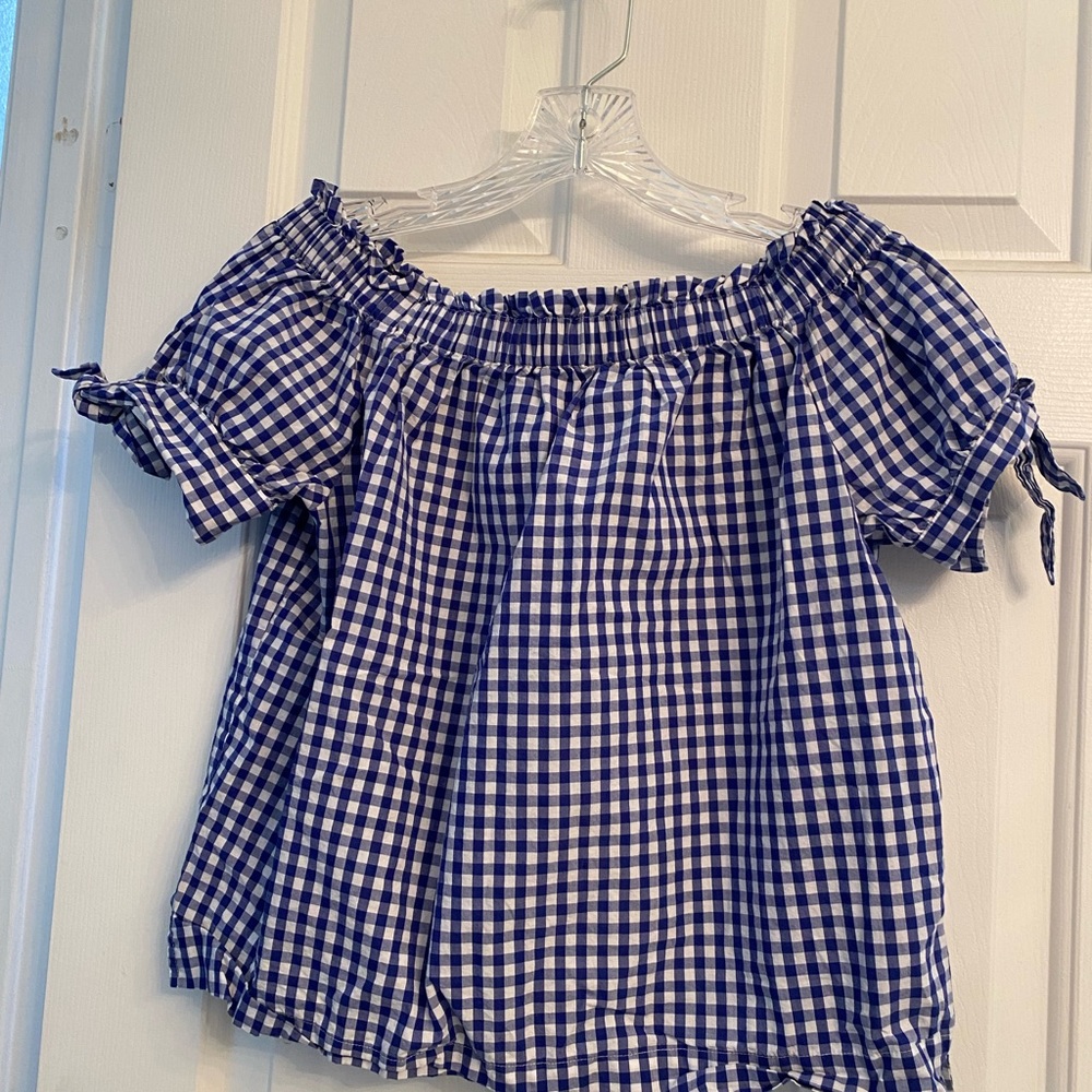J. Crew blue gingham plaid off the shoulder blouse sz 4 - Picture 6 of 8